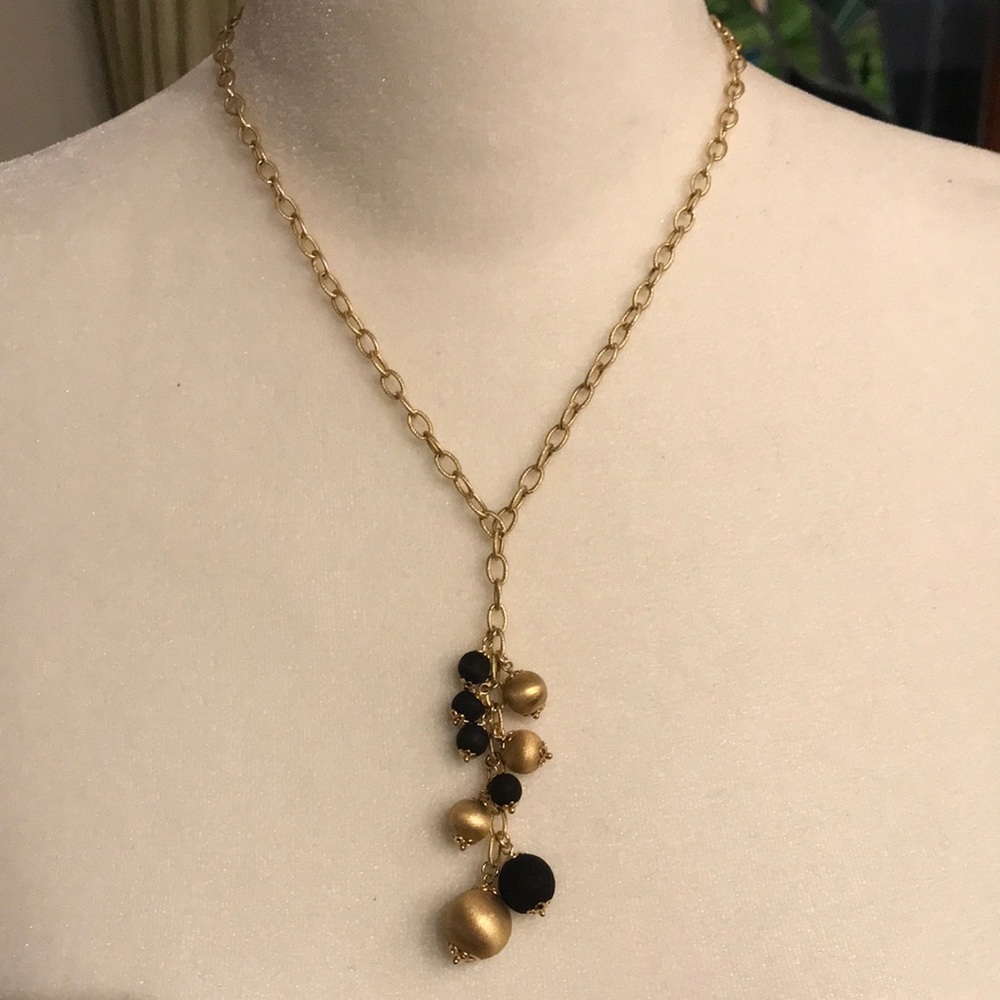 14ky textured drop rolo-link necklace with gold and black enamel balls